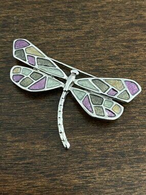 Dragonfly Brooch Enameled Mosaic Silver Tone Colorful